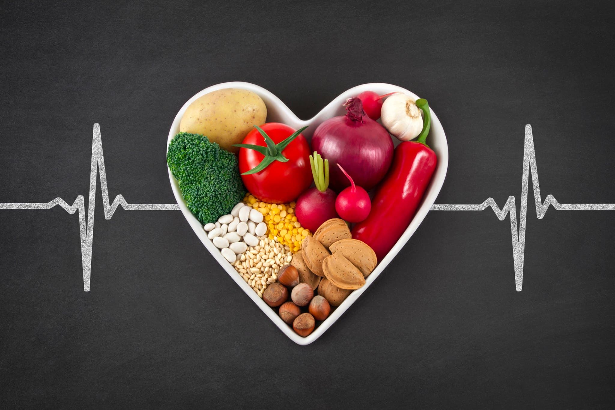 fresh food in heart shaped bowl